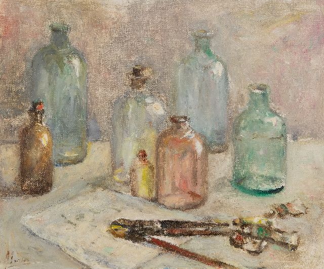 Coba Surie | Still life with bottles and painter's attributes, oil on canvas, 50.3 x 60.0 cm, signed l.l.