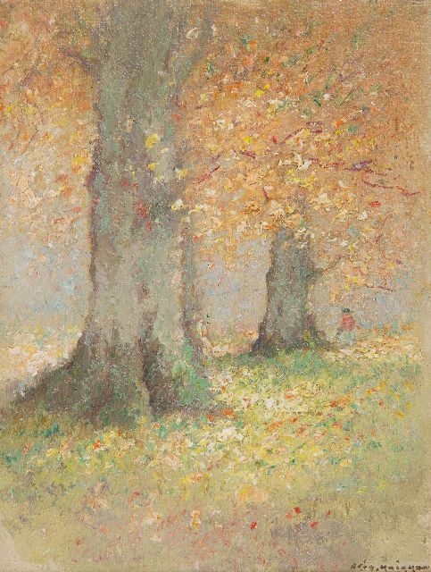 Knikker A.  | Beech in autumn, oil on canvas laid down on board 15.4 x 11.6 cm, signed l.r.