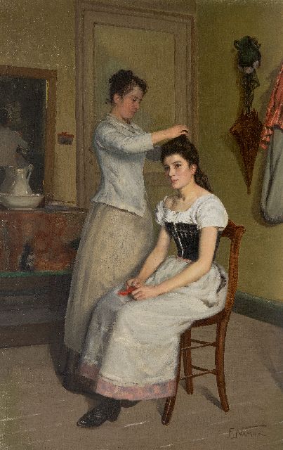 François Namur | Putting up the hair, oil on canvas, 74.6 x 47.6 cm, signed l.r.