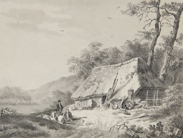 Barend Cornelis Koekkoek | Resting country folk near a barn, pen, brush and ink on paper, 17.5 x 22.7 cm, signed l.l.