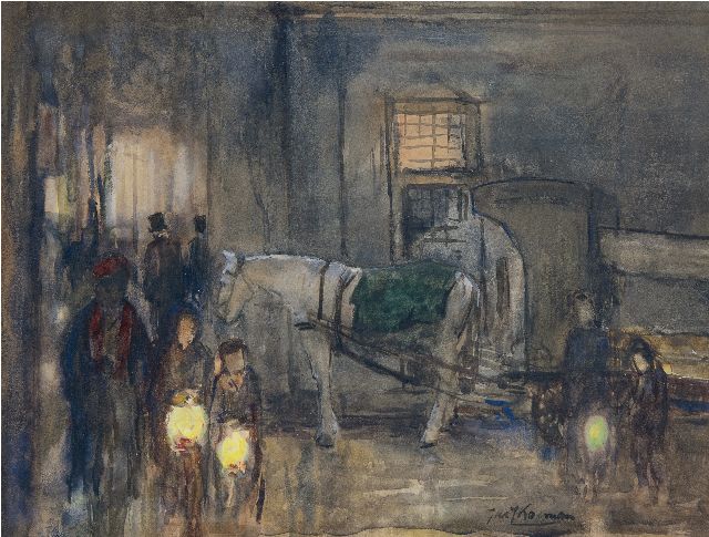 Koeman J.J.  | Street scene with figures and horse-drawn cart at night, chalk and acrylic on paper 28.0 x 37.0 cm, signed l.r. and on the reverse