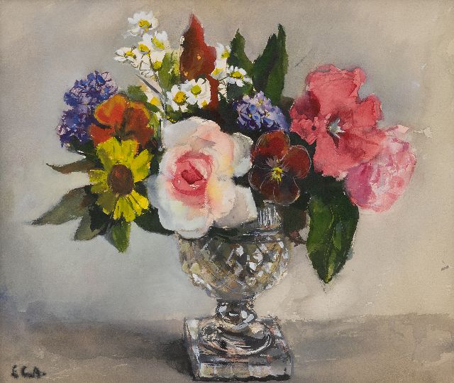 Elise Arntzenius | Summer flowers in a crystal vase, watercolour on paper, 27.0 x 32.0 cm, signed l.l. with initials