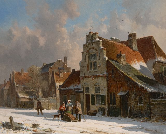 Adrianus Eversen | Encounter on a snowy road, oil on panel, 33.3 x 41.4 cm, signed l.r. in full and with Monogram