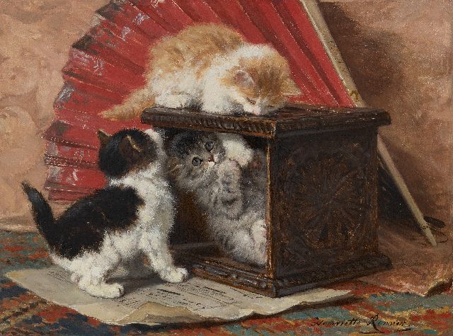 Henriette Ronner | A still life with three playing kittens, oil on panel, 33.3 x 44.7 cm, signed l.r.