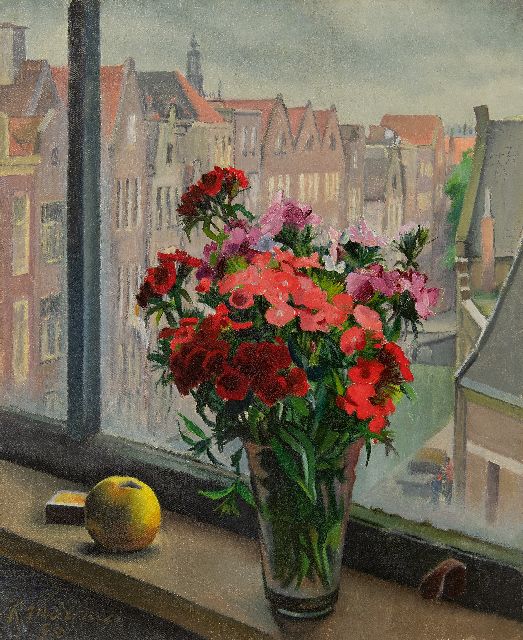Martinez R.  | Flower stilllife in windowsill in Amsterdam, oil on canvas 55.6 x 46.4 cm, signed l.l. and dated '50. without frame
