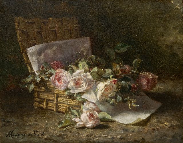Maria van der Voort in de Betouw-Nourney | Roses in a basket on the forest floor, oil on canvas, 50.1 x 60.3 cm, signed l.l.