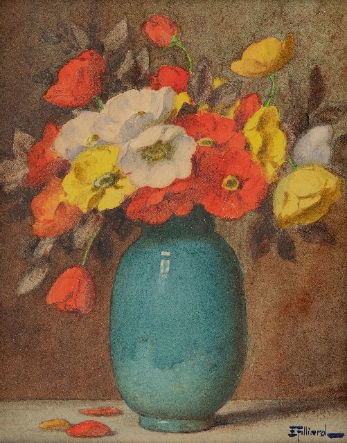 Ernest Filliard | Poppies in a blue vase, watercolour on paper, 16.7 x 13.8 cm, signed l.r.
