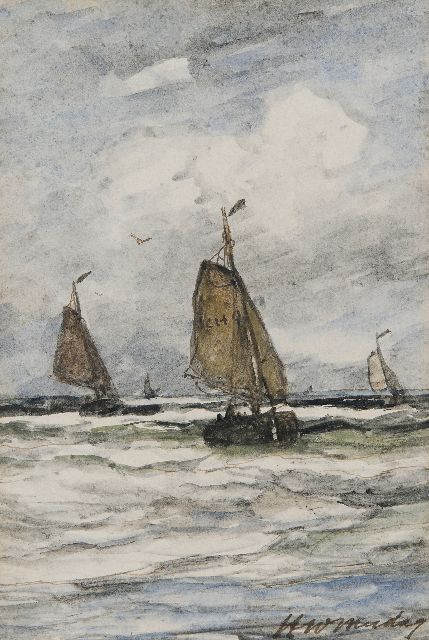 Hendrik Willem Mesdag | Return of the fishing fleet of Scheveningen, in front the SCH-9, brown ink and watercolour on paper, 19.5 x 15.5 cm, signed l.r.