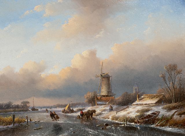 Spohler J.J.  | Winter landscape with country folk and skaters, oil on panel 40.7 x 55.3 cm, signed l.l.