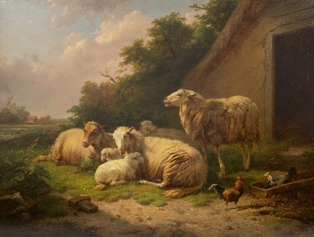Leemputten C. van | Sheep at rest outside a shed, oil on panel 64.9 x 86.0 cm, signed l.l. and dated '68