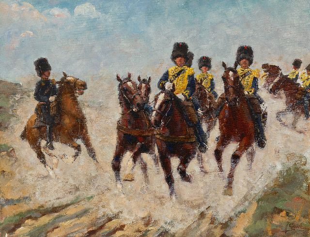 Geerlings J.H.  | 'Gele rijders' in action, oil on canvas 49.7 x 64.4 cm, signed l.r.