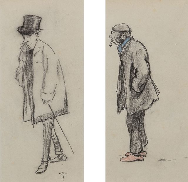 Sluiter J.W.  | A man with a hat; a man with a pipe, pencil and coloured pencil on paper 29.5 x 30.0 cm, signed l.l.