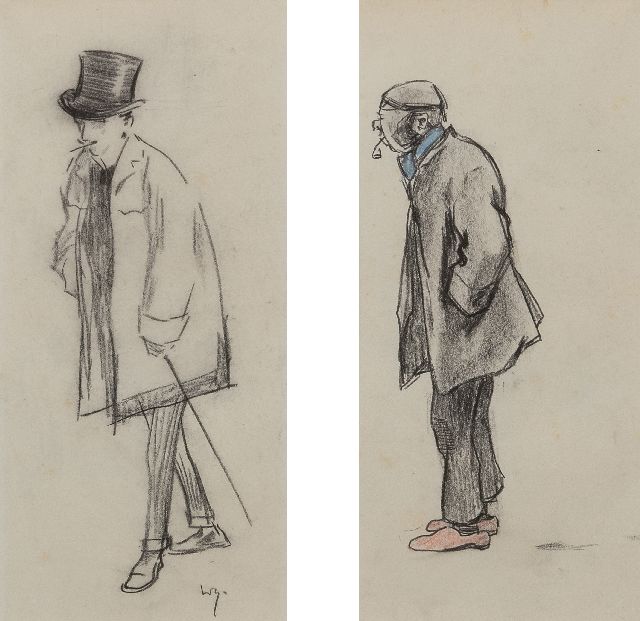 Willy Sluiter | A man with a hat; a man with a pipe, pencil and coloured pencil on paper, 29.5 x 30.0 cm, signed l.l.