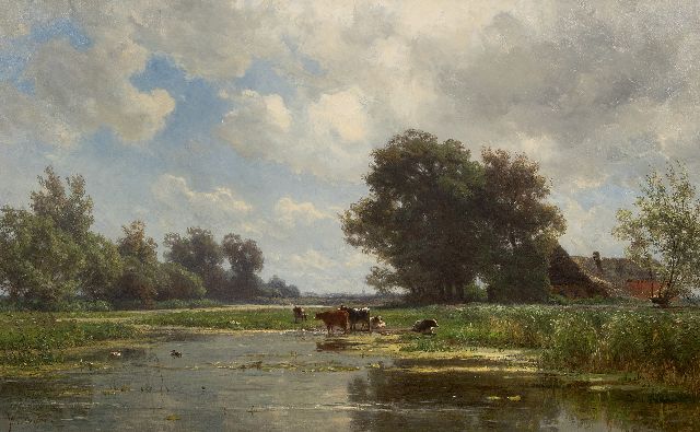 Borselen J.W. van | Cows at a river, oil on canvas 66.2 x 106.6 cm, signed l.l.