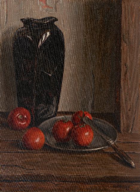 Hansen C.  | Still life with a vase and tomatoes, oil on canvas 54.4 x 40.5 cm