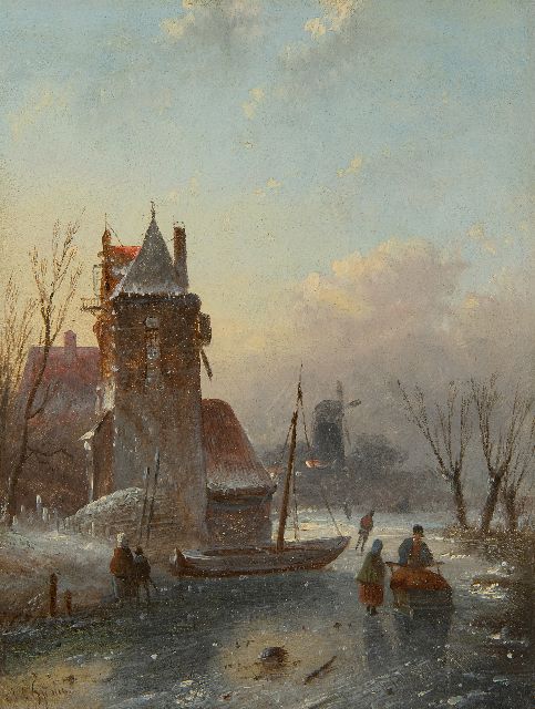 Jacob Jan Coenraad Spohler | Ice scene with skaters, oil on panel, 18.9 x 14.6 cm, signed l.l.