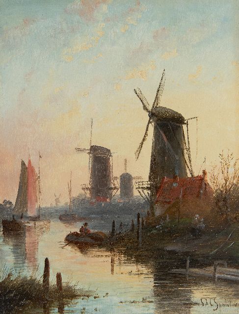 Jacob Jan Coenraad Spohler | Summer landscape with shipping on calm river, oil on panel, 19.0 x 14.9 cm, signed l.r.