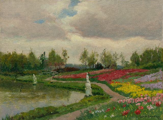 Louis Soonius | Bulbfields by a pond, oil on canvas, 27.5 x 36.0 cm, signed l.r. and dated 1941