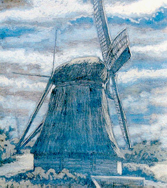 Schoonhoven van Beurden A.F.W.E. van | A windmill by moonlight, gouache on board 72.3 x 58.9 cm, signed l.l.