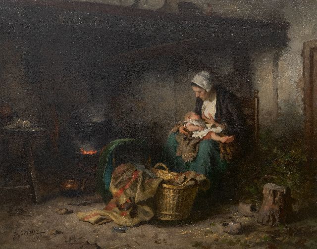 Weiland J.  | Farmhouse interior with mother and child, oil on canvas 65.3 x 81.2 cm, signed l.l. and dated '96