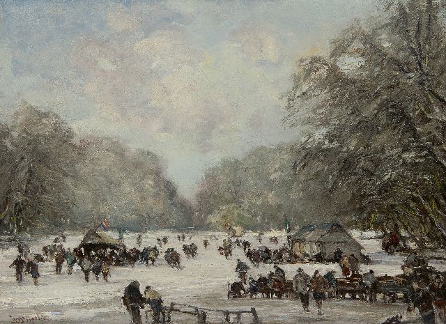 Apol L.F.H.  | A crowd enjoying skating on the pond in the Haagse Bos, oil on canvas 55.4 x 75.5 cm, signed l.l.