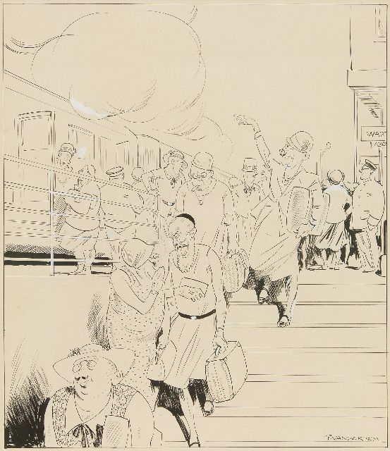 Hem P. van der | Summer crowds at the station, ink and watercolour on paper 49.8 x 35.0 cm, signed l.r.