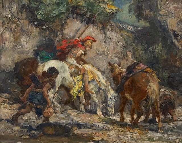 Jurres J.H.  | Warriors with drinking horses, oil on canvas 22.5 x 27.6 cm, signed l.r.