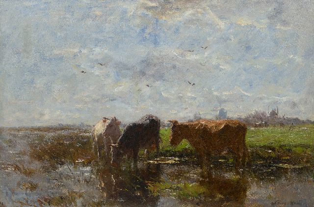 Maris W.  | Drinking cows in a polder landscape, oil on canvas 58.2 x 85.2 cm, signed l.r.