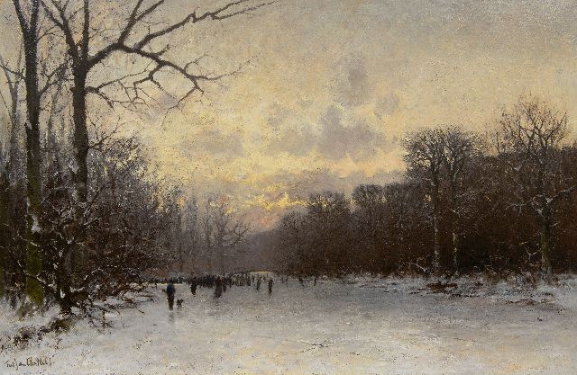 Rossum du Chattel F.J. van | Skating on Haagse Bos pond, oil on canvas 79.8 x 121.3 cm, signed l.l.