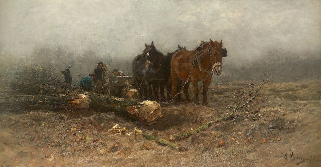 Anton Mauve | The loggers, timber wagon with horses, oil on canvas, 106.6 x 205.8 cm, signed l.r. and dated '77