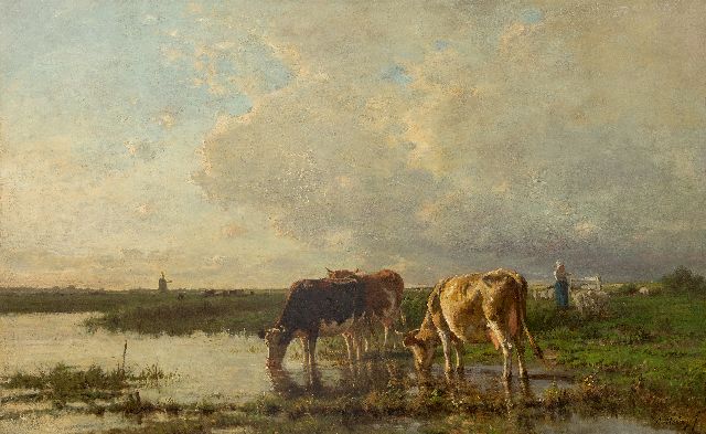 Anton Mauve | Drinking cattle by the river, oil on canvas, 84.8 x 134.8 cm, signed l.r.