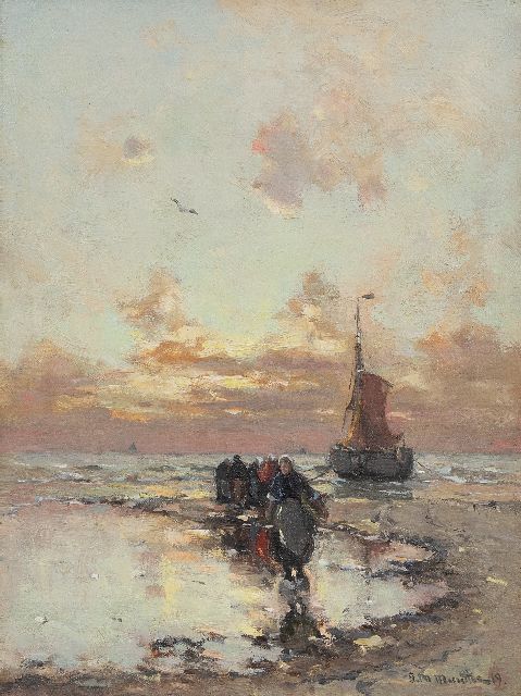 Morgenstjerne Munthe | Beach scene with fishermen and bomb barge at twilight, oil on canvas, 40.3 x 30.0 cm, signed l.r. and dated '19