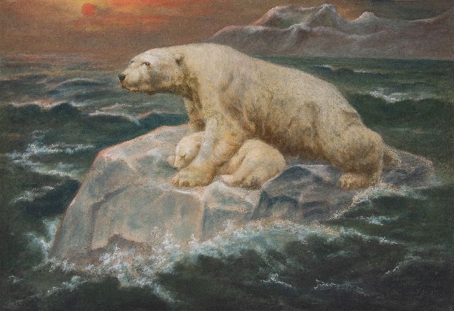 Nettleship J.T.  | Polar bear with young on an ice flow at sunset, gouache on paper 47.2 x 69.9 cm, signed l.r. and dated 1900