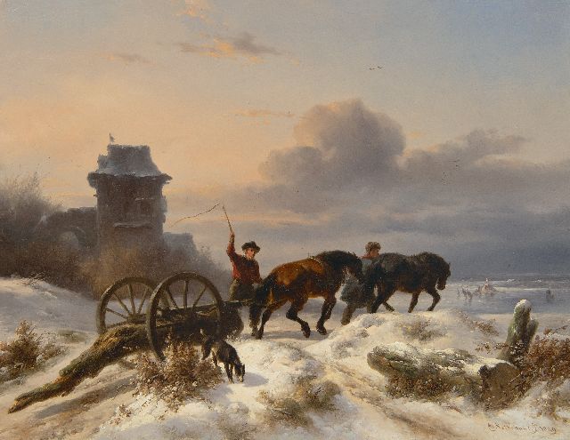 Wouterus Verschuur | Carters with mallejan in a winter landscape, oil on panel, 27.2 x 35.0 cm, signed l.r. and dated 1849