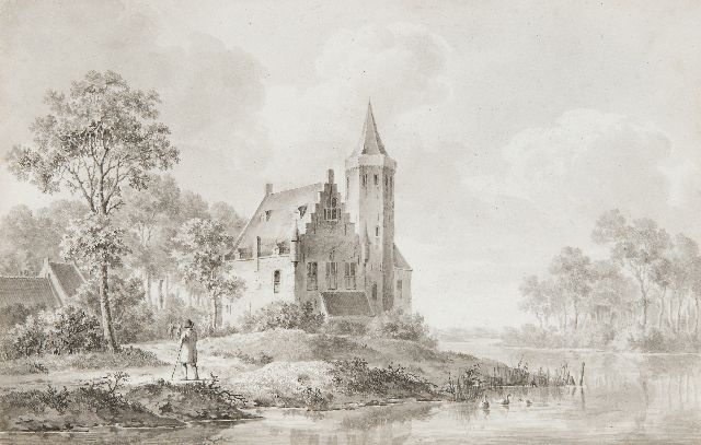 Barend Cornelis Koekkoek | Riverside travelers by a castle, washed ink on paper, 18.0 x 27.5 cm