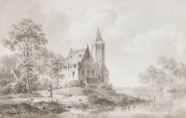 Barend Cornelis Koekkoek | Riverside travelers by a castle, washed ink on paper, 18.0 x 27.5 cm