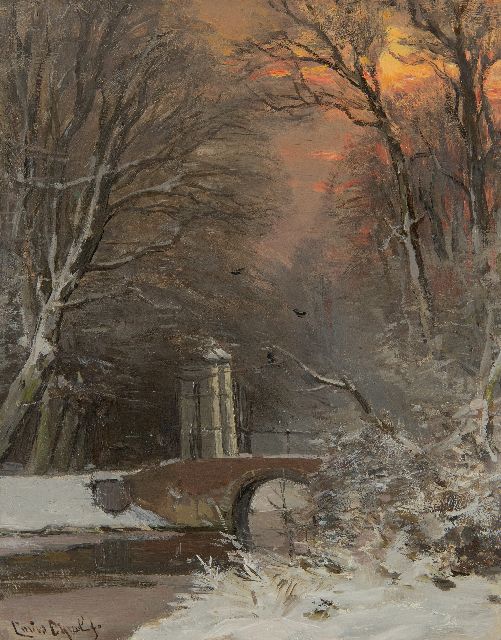 Louis Apol | View in a snowy forest at dusk, oil on panel, 27.4 x 21.9 cm, signed l.l.