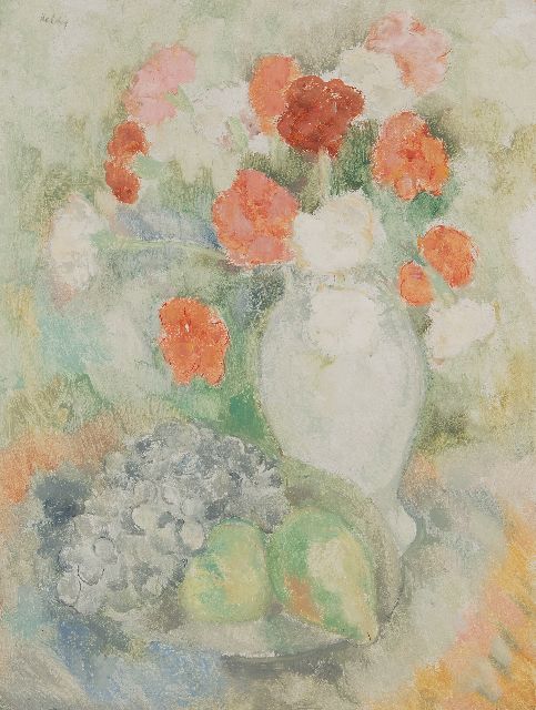 Kelder A.B.  | Flower still life with fruit bowl, oil on panel 58.5 x 44.5 cm, signed u.l.