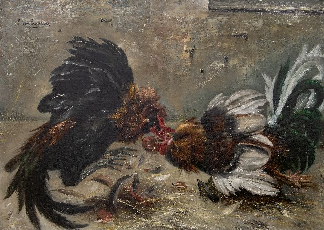 Piet van Engelen | Fighting roosters, oil on canvas, 77.6 x 107.8 cm, signed u.l.