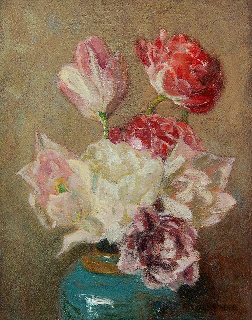 Marie Wandscheer | Double tulips in ginger jar, oil on canvas, 30.0 x 23.8 cm, signed l.r.