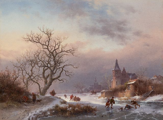 Kruseman F.M.  | A winter landscape with skaters on a frozen river, oil on panel 29.0 x 39.0 cm, signed l.l. and dated 1855