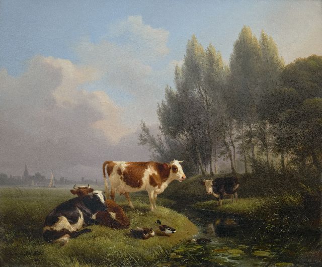 Ronner-Knip H.  | Cows in a meadow, Den Bosch in the distance, oil on panel 33.0 x 39.2 cm, signed l.l. and dated 1845