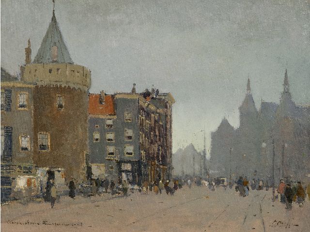 Heuff H.D.  | The Prins Hendrikkade with the Scheierstoren, Amsterdam, oil on canvas laid down on board 35.1 x 47.1 cm, signed l.r. and dated 1923