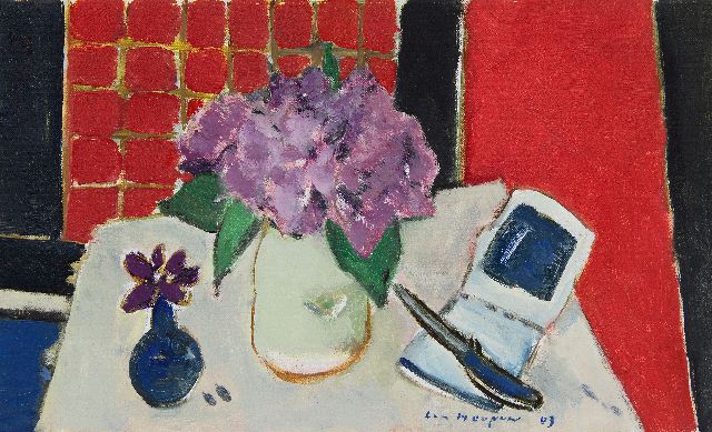Paul Hugo Hoopen | Still life with open book and knife (hortensia & bougainvillea), oil on canvas, 28.1 x 46.3 cm, signed l.r. and dated '03