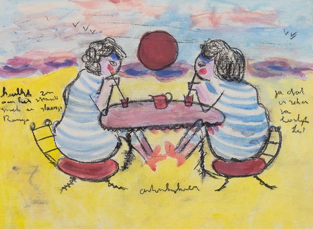 Anton Heyboer | Two women on the beach, crayon and watercolour on paper, 29.0 x 38.5 cm, signed l.c.