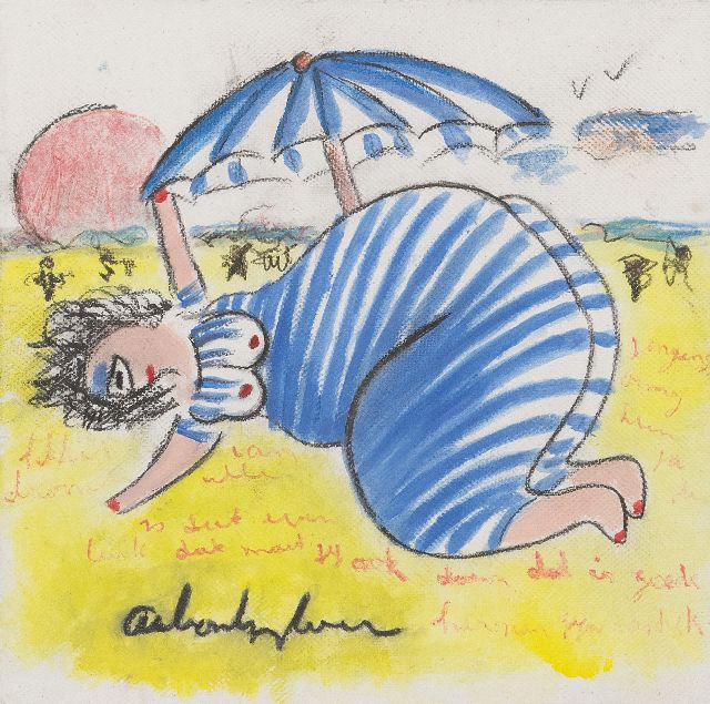 Anton Heyboer | Sunbathing under an umbrella, chalk and gouache on paper, 28.0 x 28.0 cm, signed l.c.
