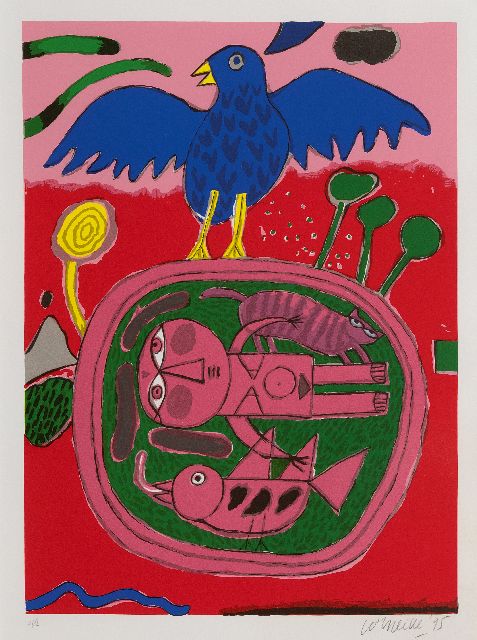 Corneille ('Corneille' Guillaume Beverloo)   | Woman, cat and birds, lithograph on paper 45.0 x 33.0 cm, signed l.r. (in potlood) and dated '95 (in potlood)