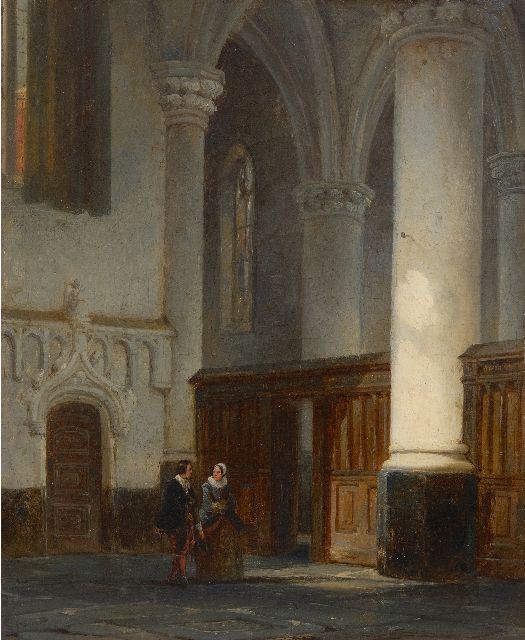 Cornelis Springer | Mand and woman in church interior, oil on canvas, 32.9 x 27.3 cm, signed l.l. with monogram and dated '44