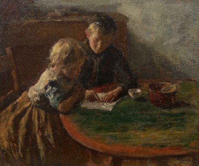 Kever J.S.H.  | The reading lesson, oil on canvas 44.0 x 52.6 cm, signed l.r.