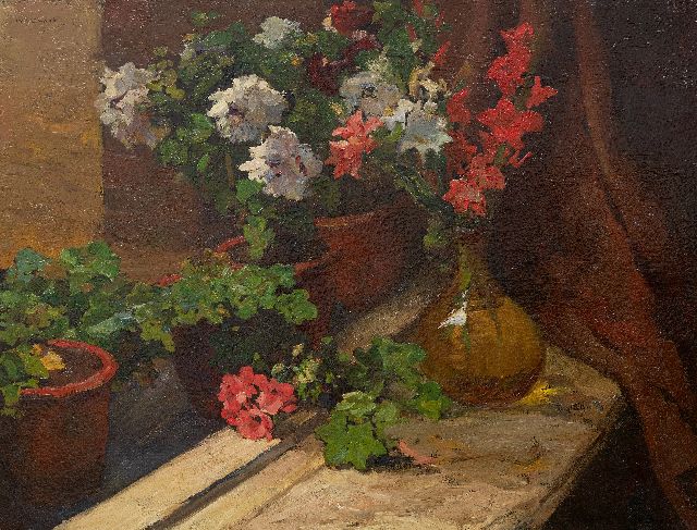 Willem de Zwart | Still life with gladioli, geraniums and potted roses, oil on canvas, 61.3 x 79.5 cm, signed u.l. and zonder lijst